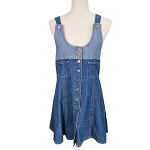 90s Jean Overall Dress Cotton Patchwork Babydoll Button Flare Two Tone Medium 9